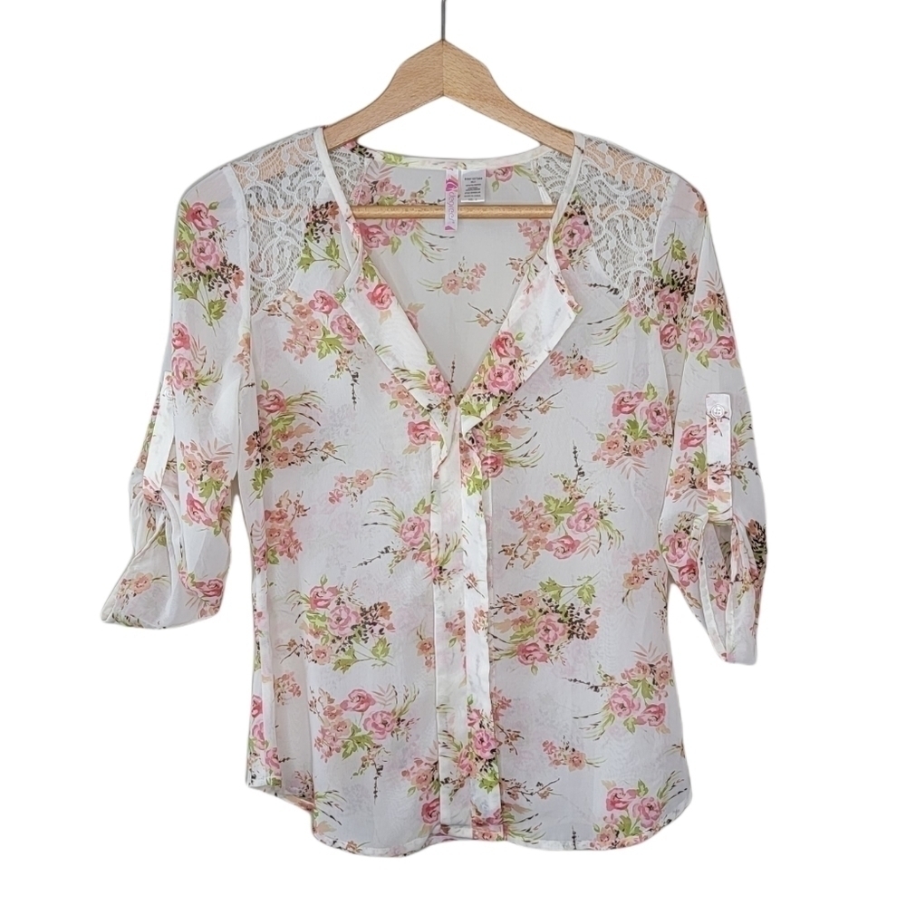 6 Degrees | Semi-sheer Floral Popover Blouse with Roll Tab Sleeves Size Small